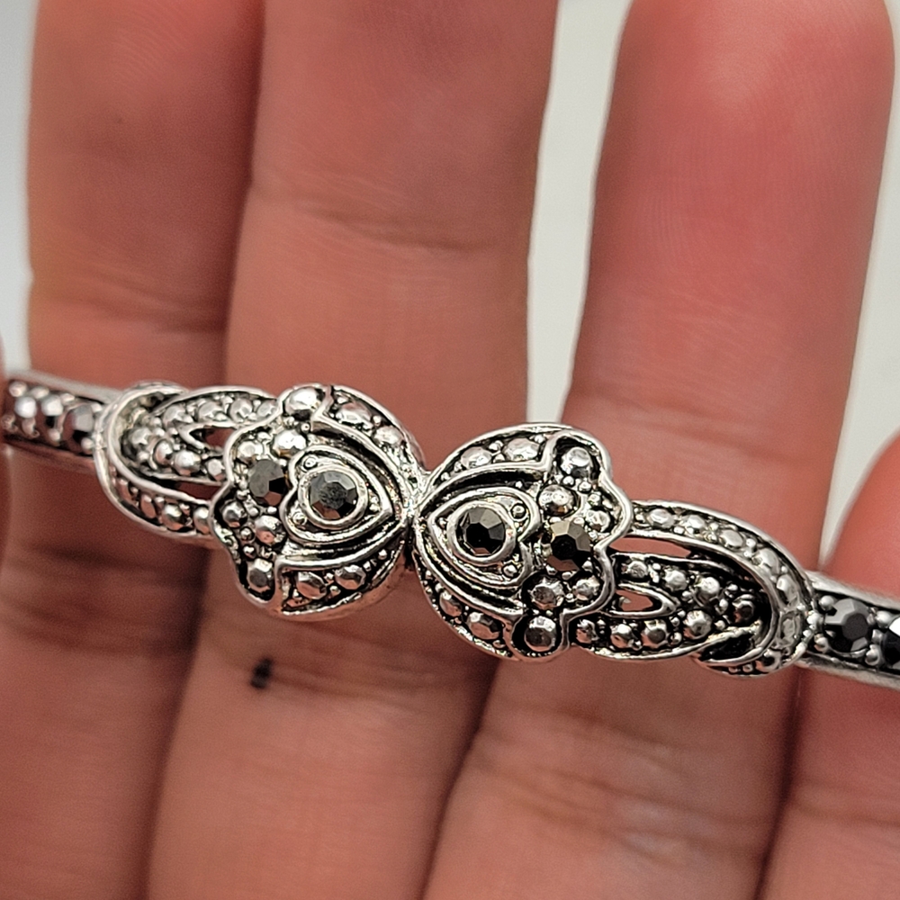 Sterling Silver Bangle Bracelet with Intricate Marcasite Detailing Unsigned - Picture 14 of 16